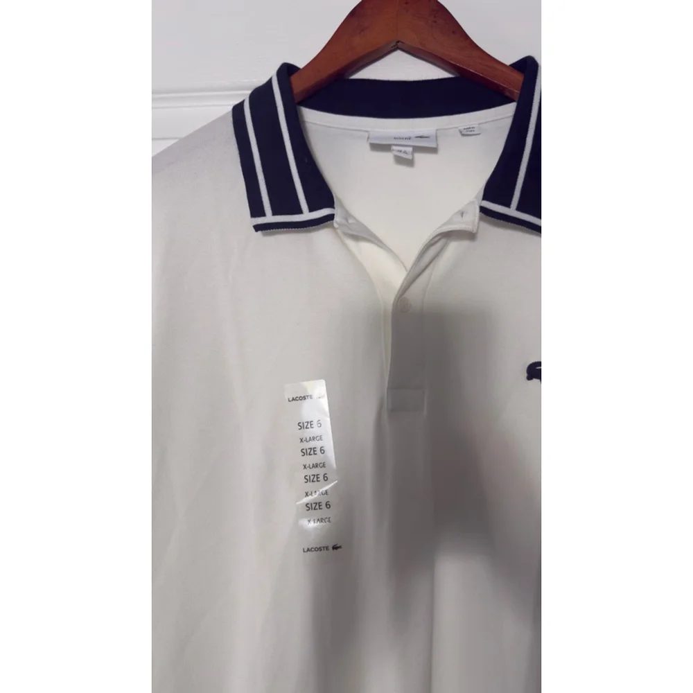 Men's Lacoste White Navy Blue Striped Collar Slim Fit Polo Shirt XL